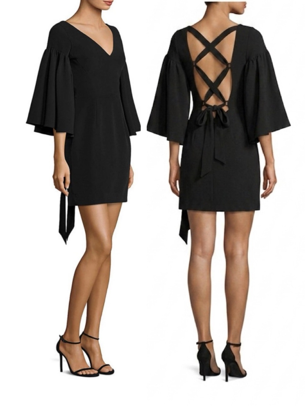 MILLY New Cady Bell Sleeve Tie Back Black Dress 6 Strappy LBD Party Goth Fairy